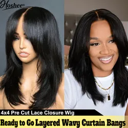 Wear And Go Wig With Layered Bang Glueless Ready To Wear Straight 360 Full lace Human Hair Wigs For Women 5x5 Lace Closure Wig