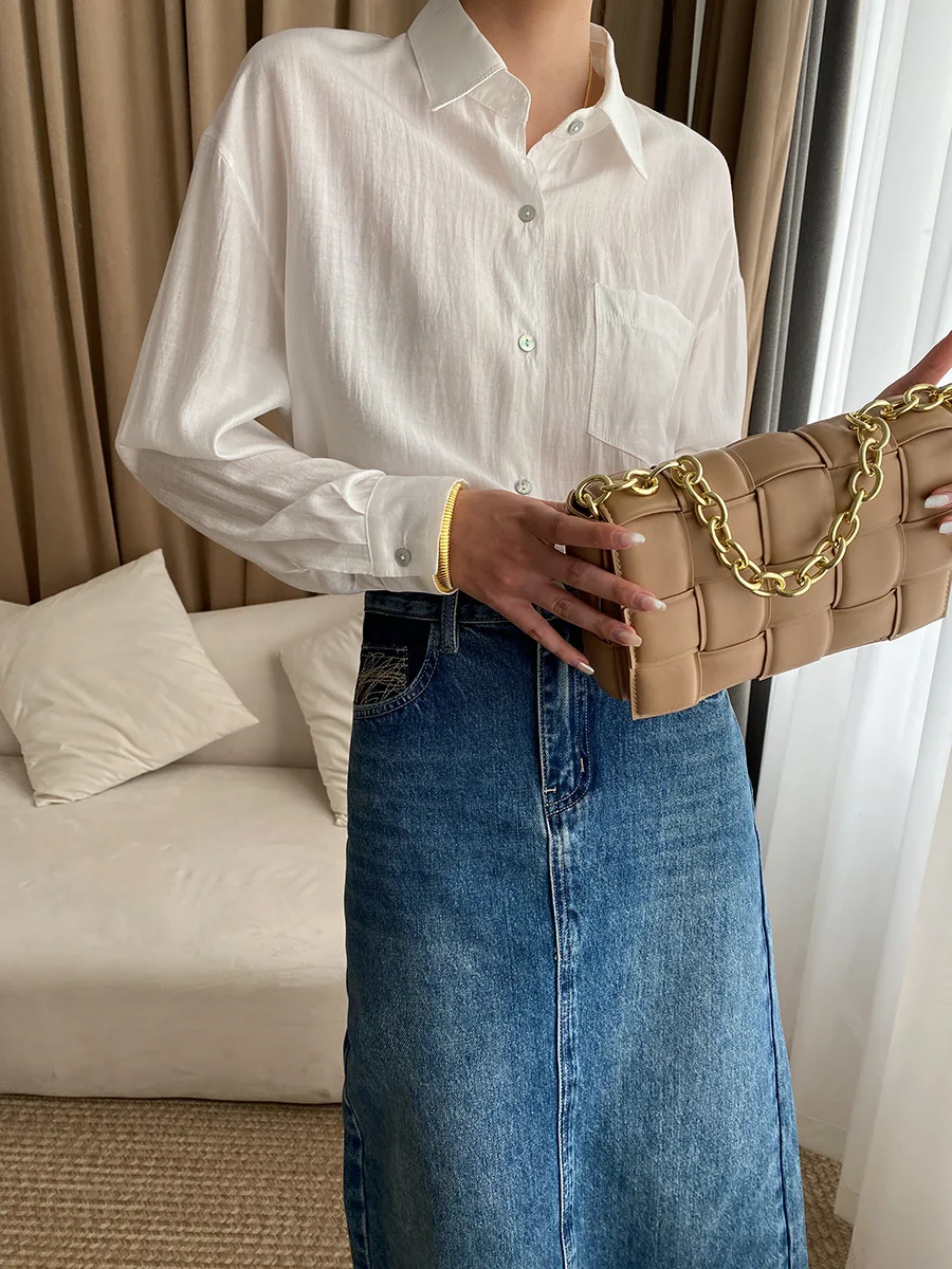 Camicia ampia con decorazione tasca lunga con risvolto tinta unita casual da donna primaverile ed estiva