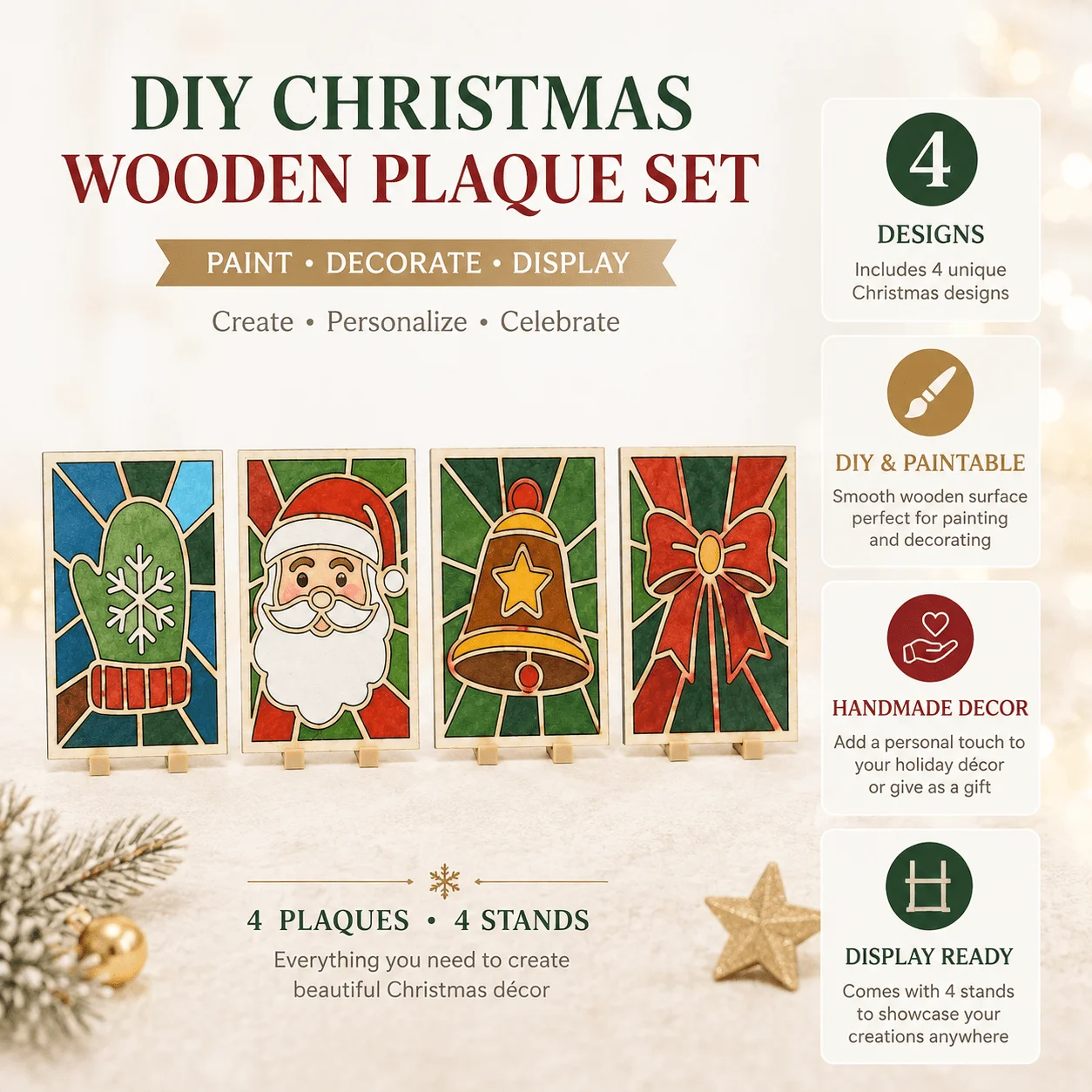 4PCS DIY Christmas Wooden Painting Plaque Set with 4 Display Stands, Paintable Holiday Wood Art, Tabletop Shelf Christmas Decor