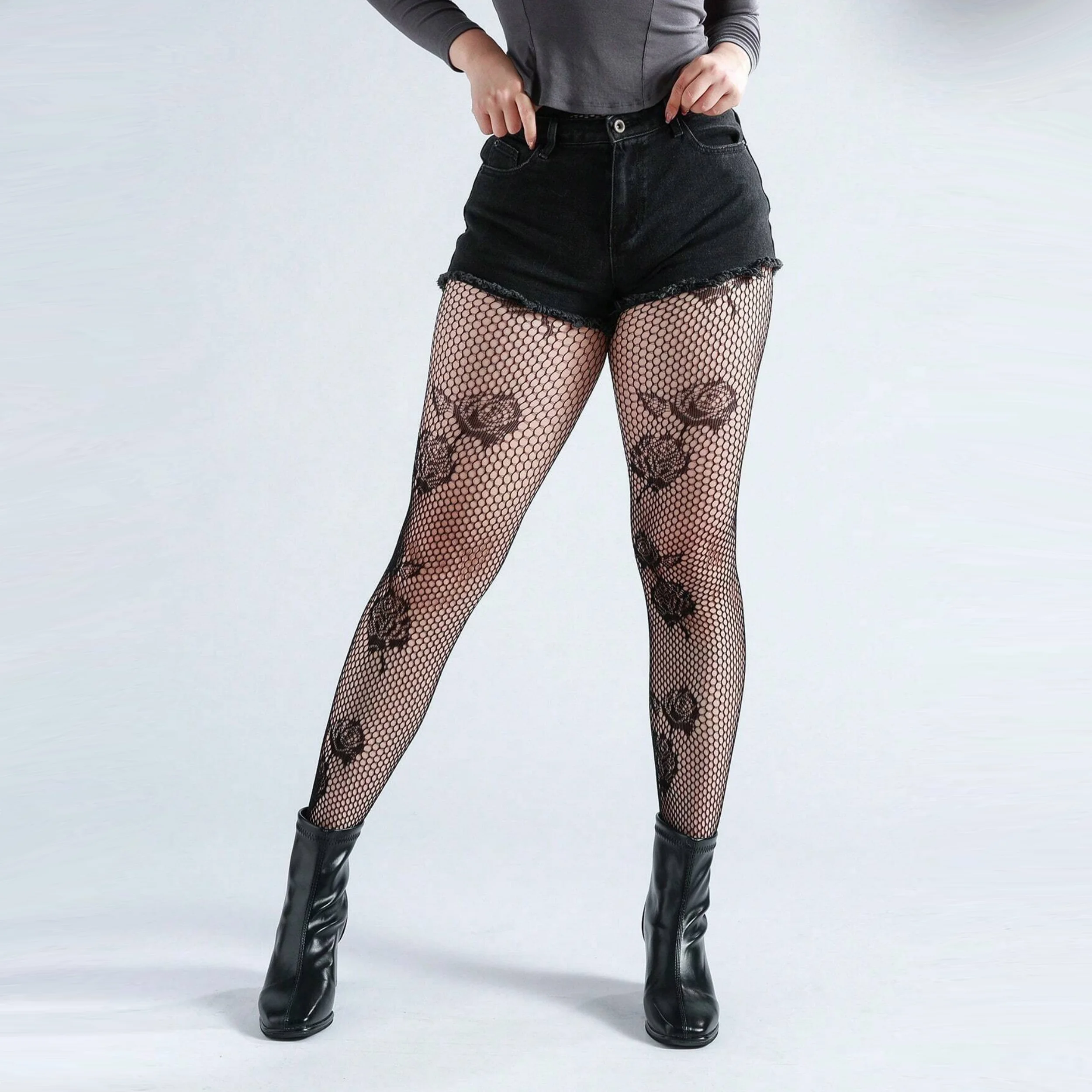 1 Piece Women's Sexy Fishnet Socks Rose Jacquard Mesh Black Silk Thin Jk Pantyhose