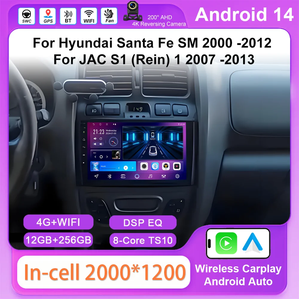 

Android 14 Car Radio Stereo For Hyundai Santa Fe SM 2000 -2012 For JAC S1 (Rein) 1 2007 -2013 Auto Multimedia Video Player WIFI