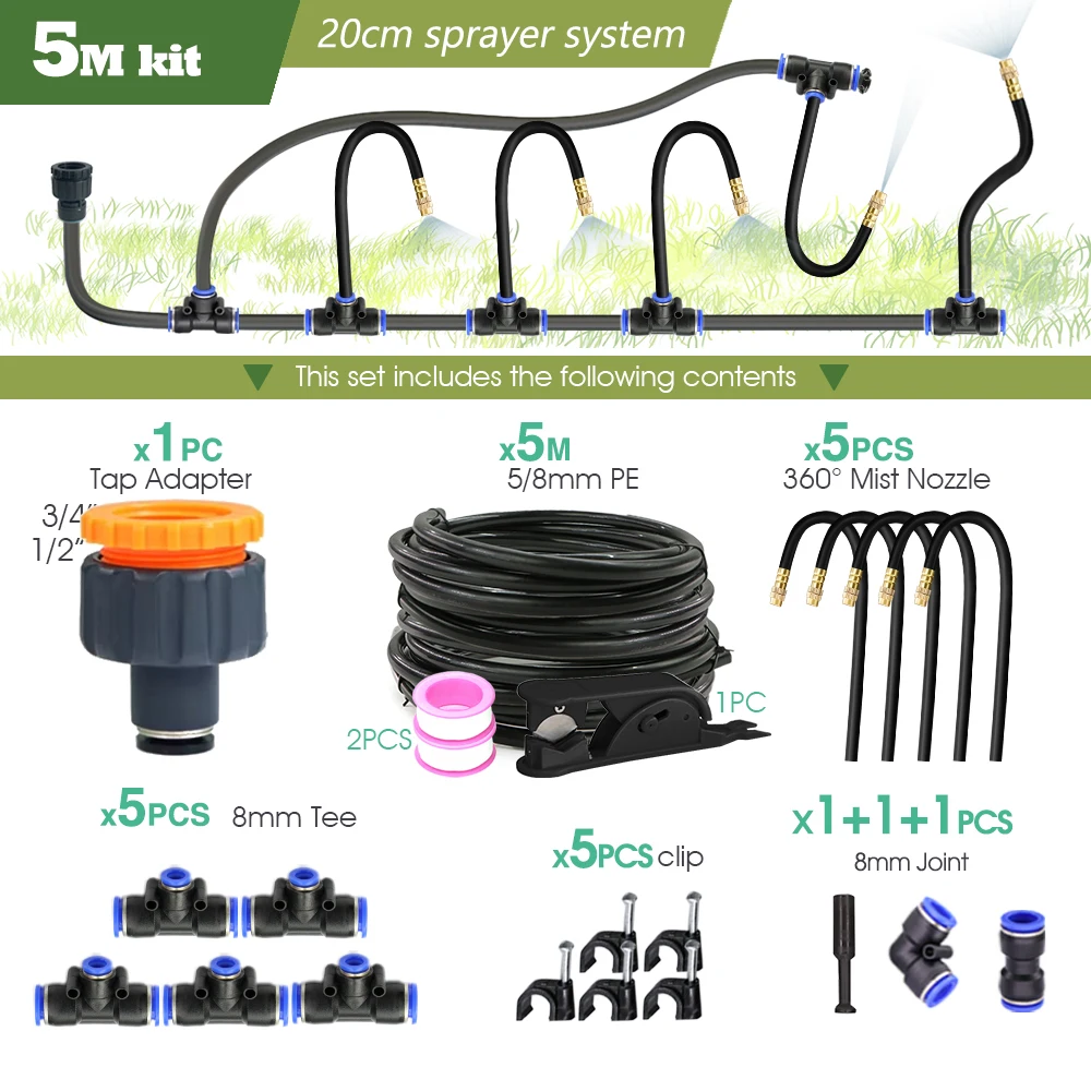 Zwart 8Mm Pe Slang 20Cm Flexibel Mondstuk Vernevelingssysteem 45/60/80/100W Zelfaanzuigende Pomp Verstelbare Sproeierset Voor Tuin