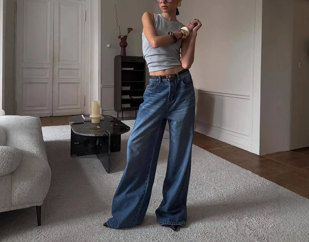 ホットガールズ ニッチデザイン レトロ ワイドレッグジーンズ レディース オールシーズン対応 ルーズストレート ハイウエスト スリム フロア丈パンツ