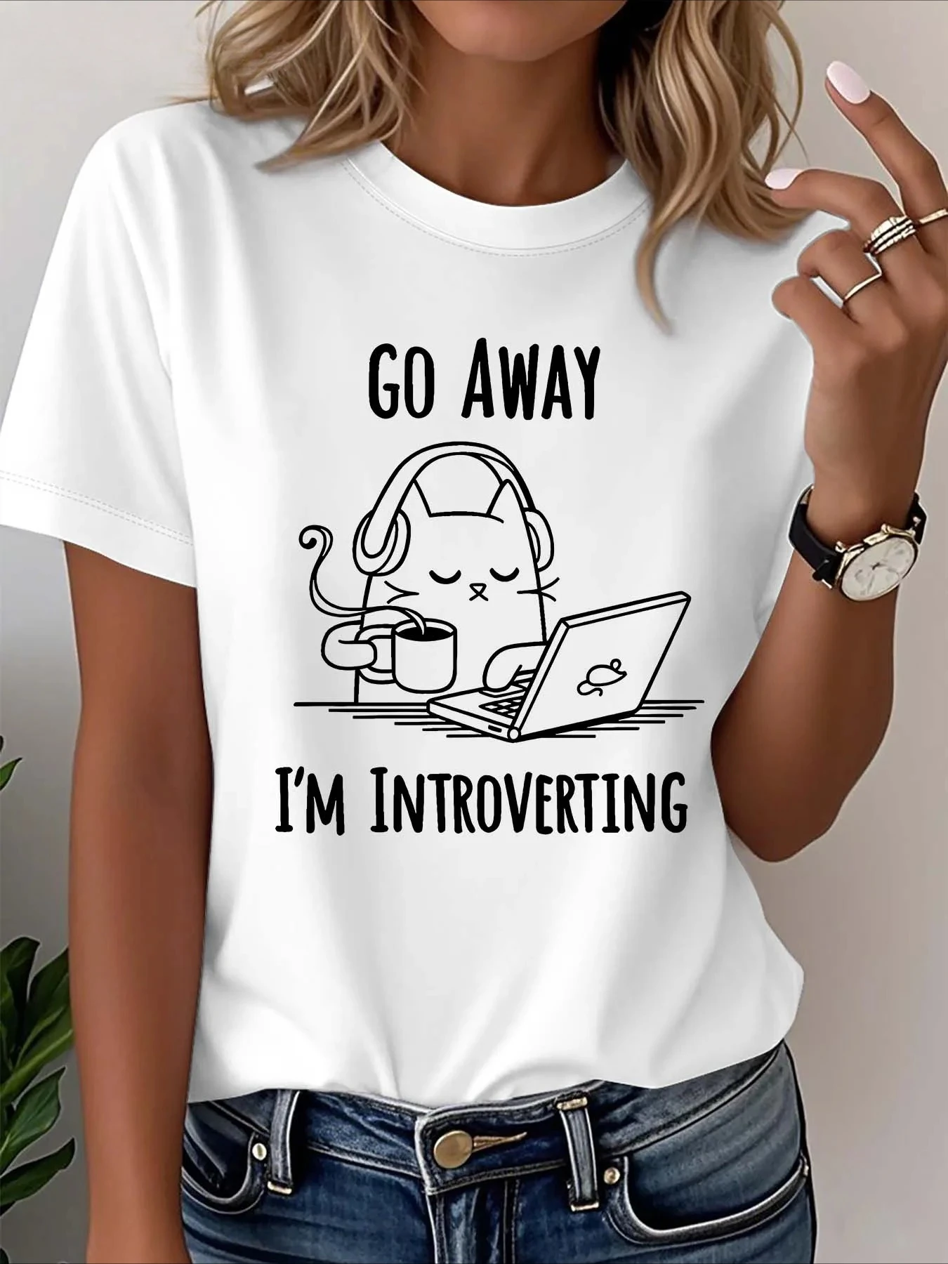 

Women's White T - Shirt with "Go Away I'm Introverting" Cat Graphic Casual Loose Fit Short Sleeve Top for Introverts Graphic Y2K