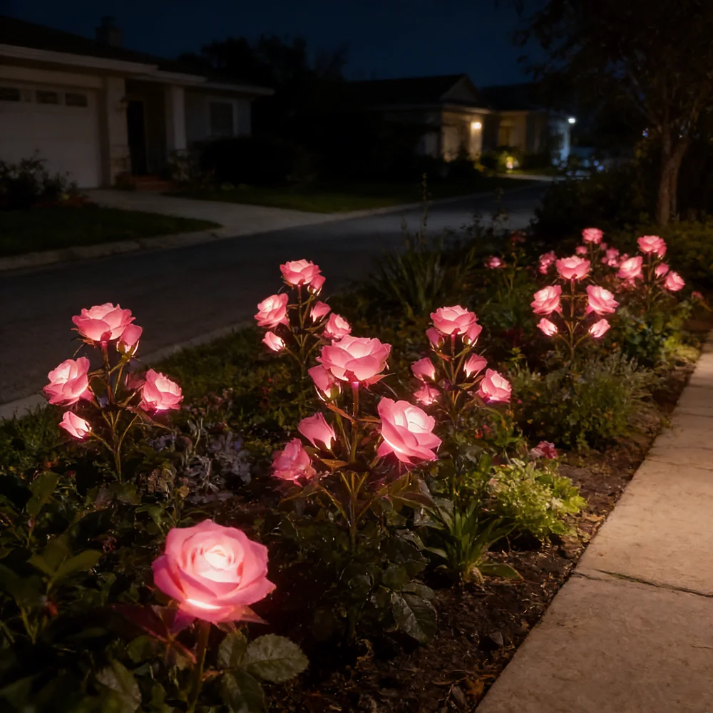 LED Solar 5-heads Rose Flower Outdoor Summer Lawn Lamp for Party Yard Holiday Light Garden Lights Wedding Christmas Decoration