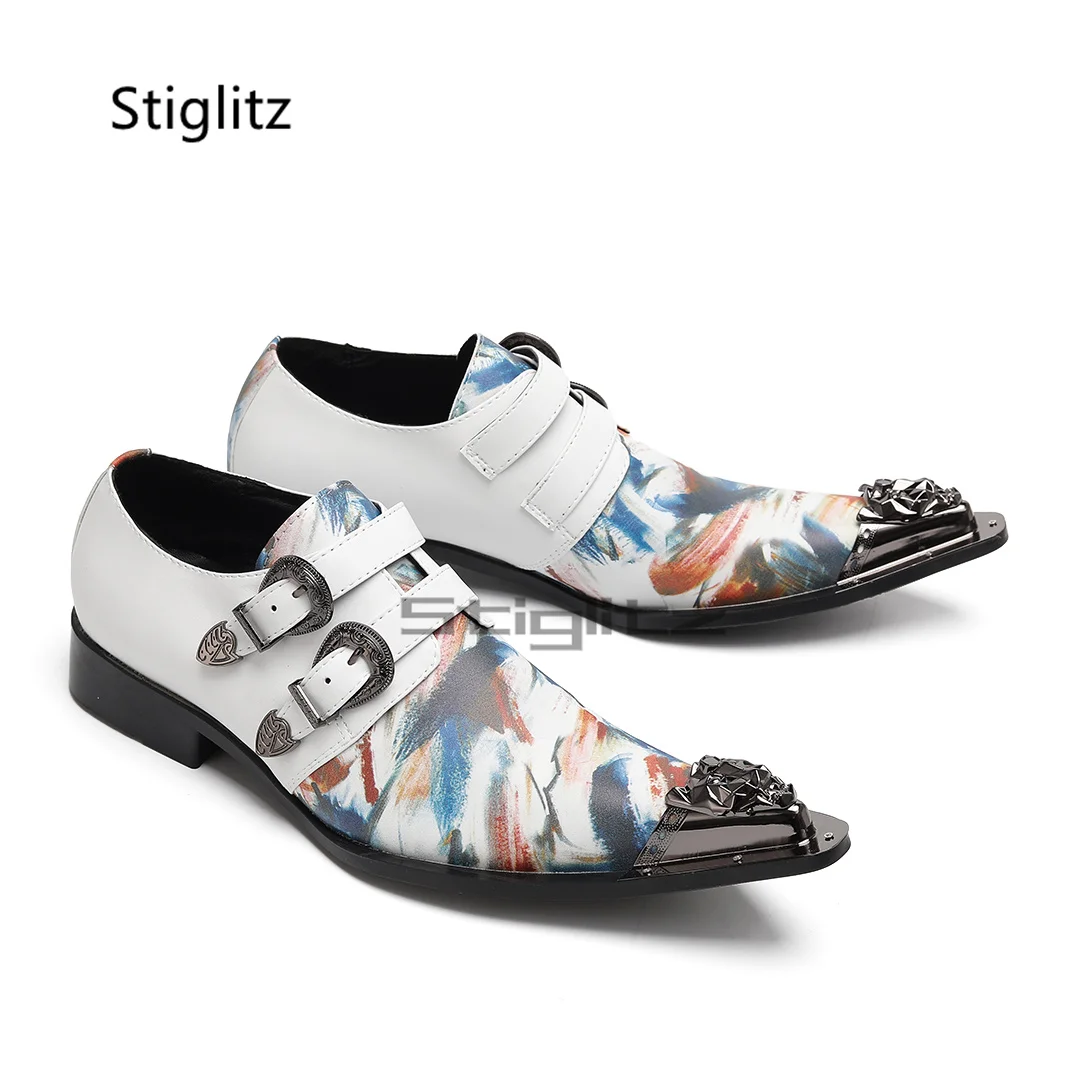 Graffiti Belt Buckle Men's Dress Shoes Trend British Style Patchwork Cow Leather Shoes Metal Pointed Toe Casual Business Shoes