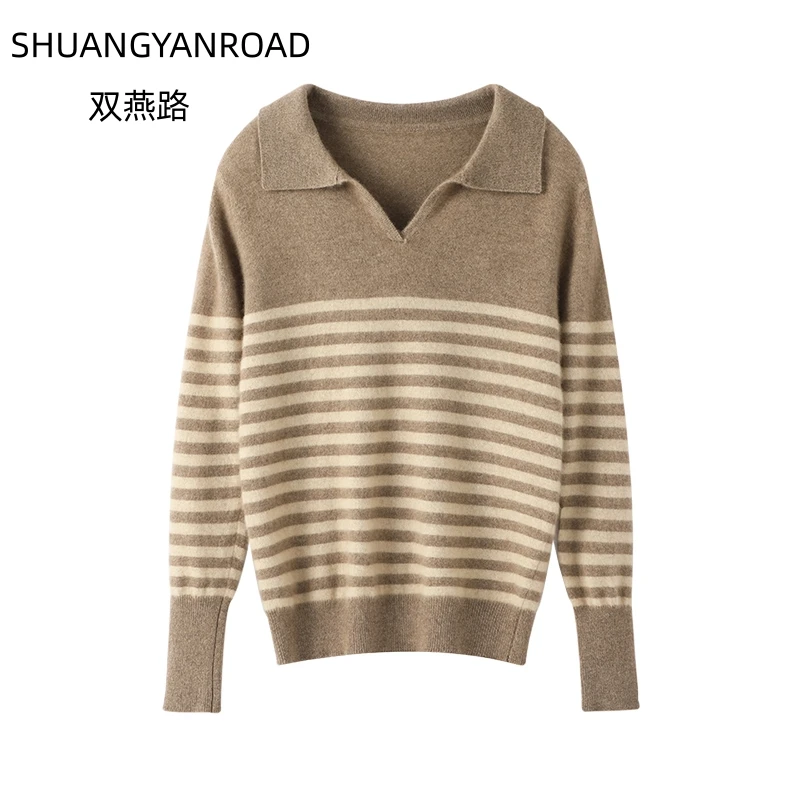 

POLO Collar Pullover Women's Autumn/Winter Fashion Stripe Jumper Warm Flip Collar comfortable Top 100%Merino Wool Knit Sweater