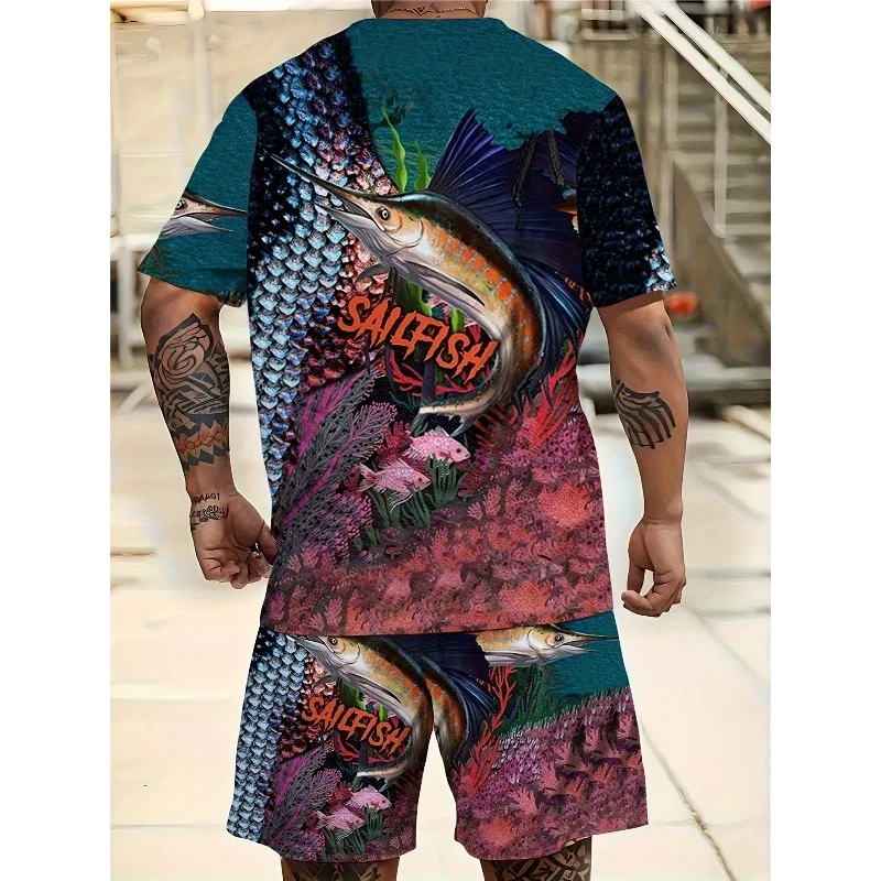 2025 Men's 3D Digital Printed Polyester Fiber 2-piece Summer Short Sleeve Round Neck T-shirt Sports Shorts Outdoor Set
