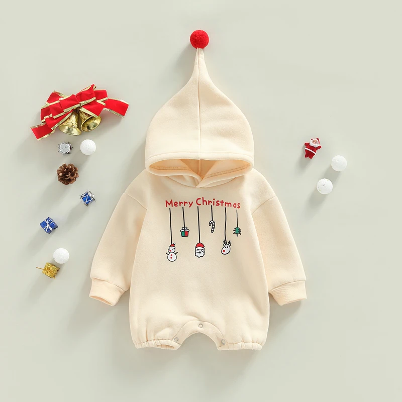 Baby Girls Christmas Jumpsuit Clothes Long Sleeve Hooded Letters Print Warm Romper Xmas Baby Costume