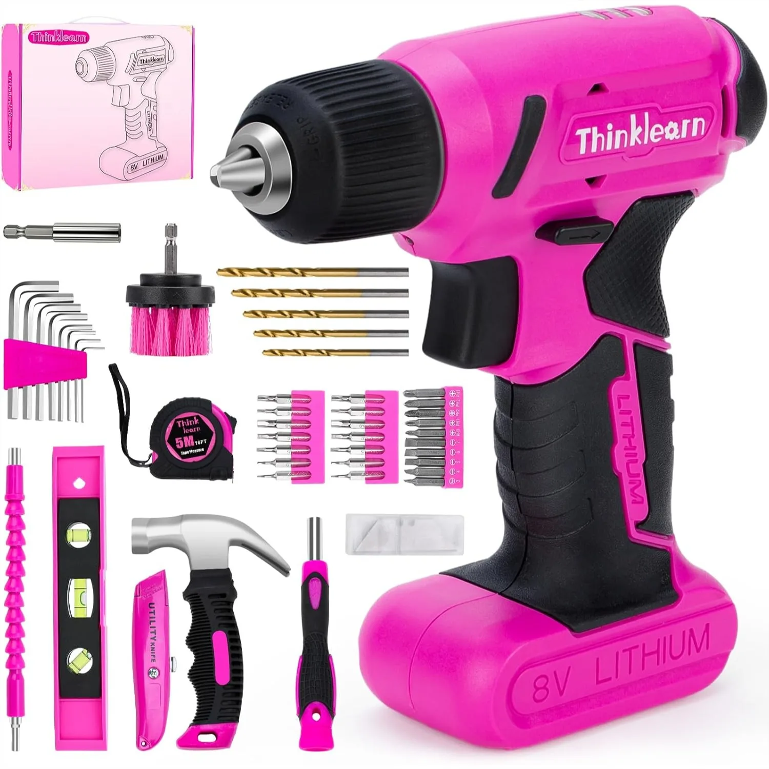 

8V Pink Cordless Drill Set, 56 Pcs Power Tool Kit for Women, Lightweight 1.31lb with LED Light, USB Charger, Keyless Chuck