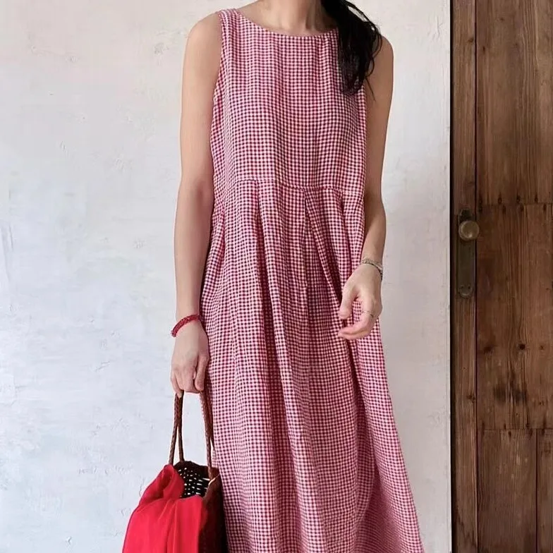 Summer round Ne Side Button Svel Plaid Dr Women's Faion Casual  Dr Cheered Pattern Spring Autumn Wear