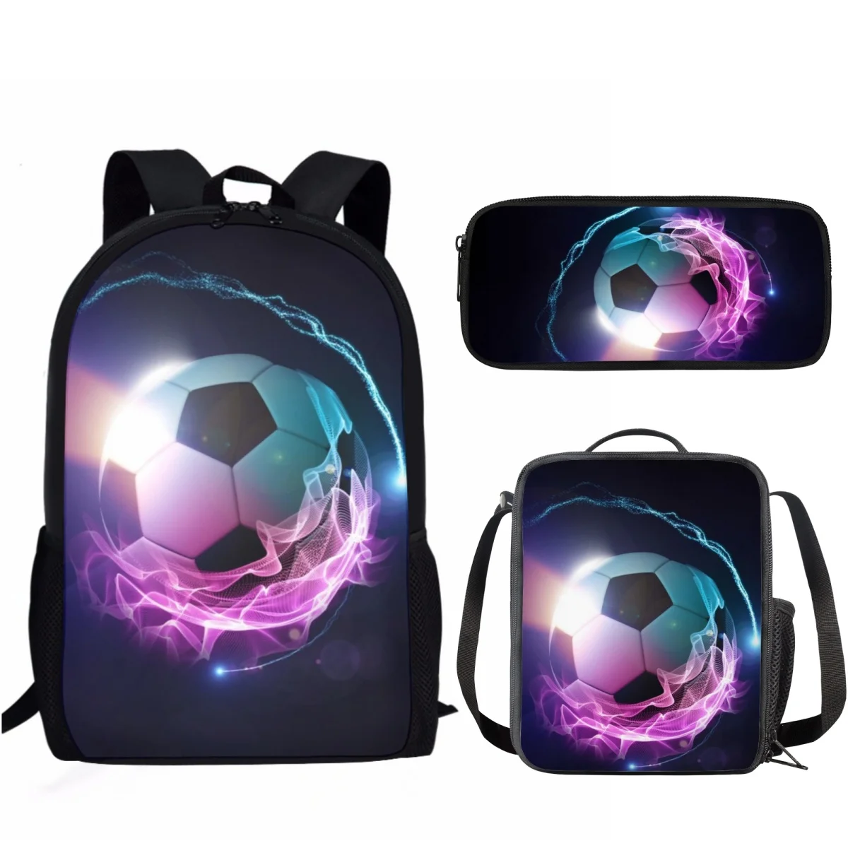 Football 3D Pattern Kids School Bags Boys Personalized Orthopedic Book Bags 3pcs Casual Backpacks with Lunch Box for Women Men