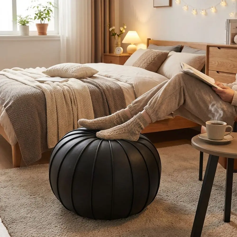 Modern PU Leather Pouf Ottoman Cover Large Capacity Unstuffed Pumpkin Pouf Cover Minimalist Round Shoe Stool Cover Living Room