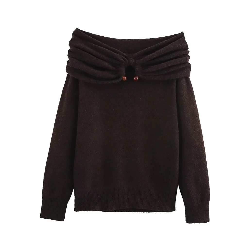 

Women's Temperament Curled Collar Straight Collar Off Shoulder Knitted Sweater Winter New Long Sleeve Sweater