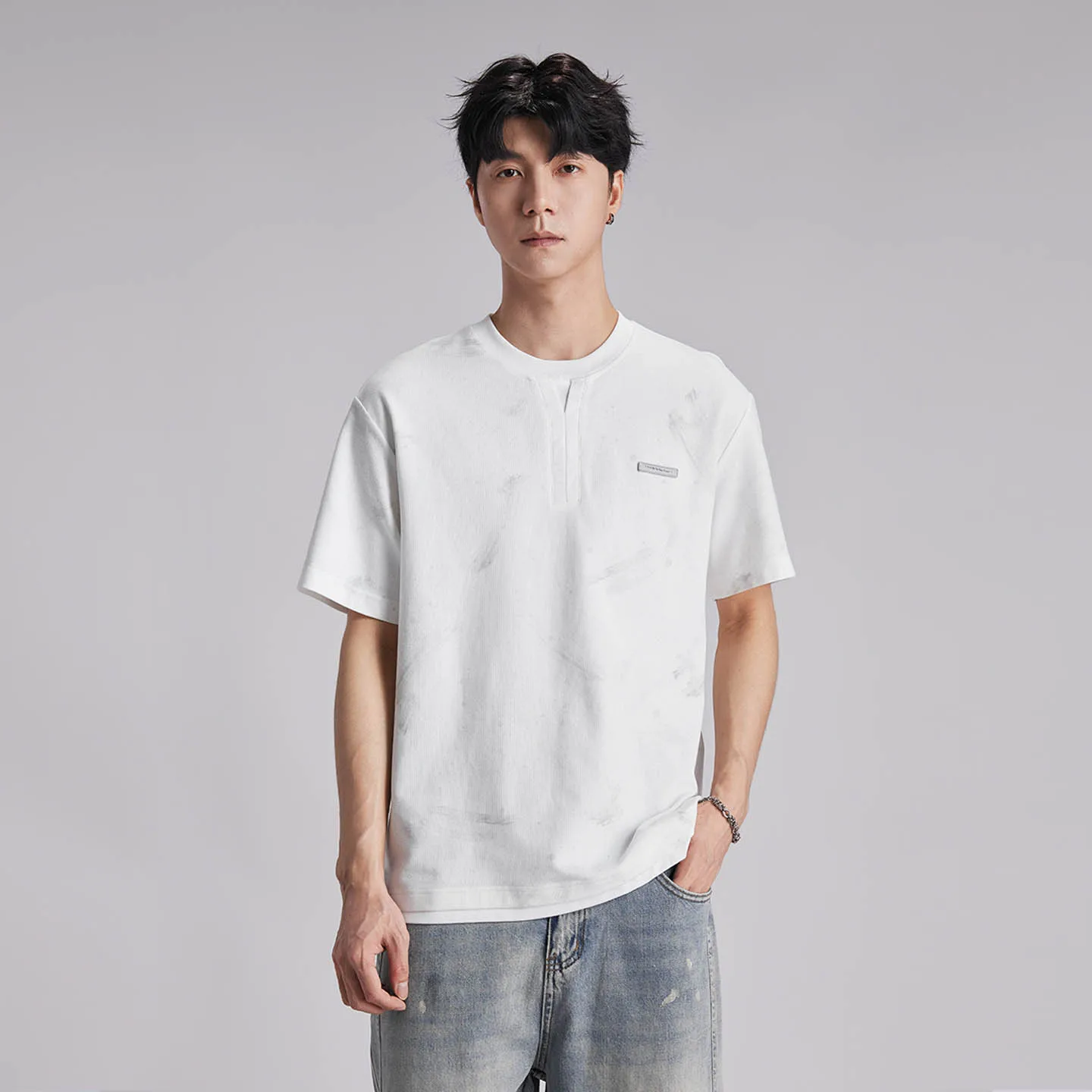 2026 Summer Men's 240G Heavyweight Tie-Dye Tee Fake Two-Piece Henley Loose Skin-Friendly Breathable Casual Short Sleeve T-Shirts