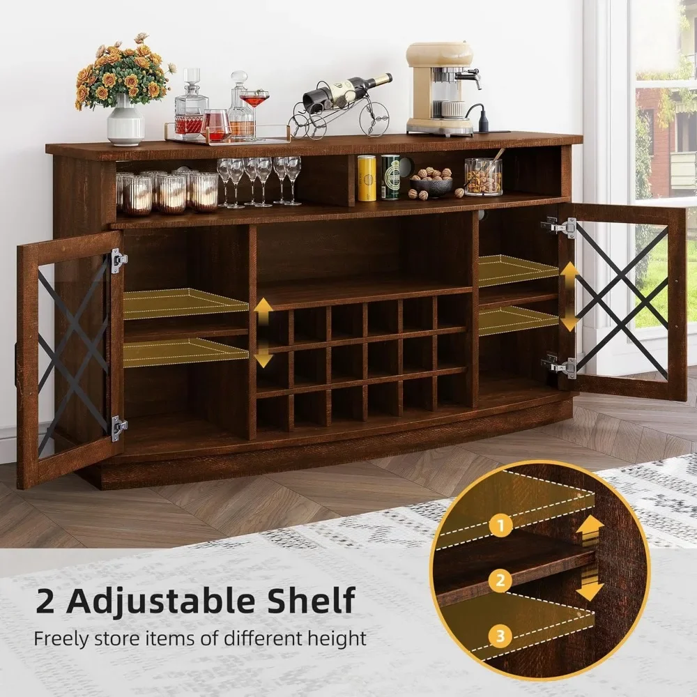 Gabinete de bar de vino minimalista nórdico con estación de carga, estante ajustable, puertas de vidrio templado, 58 pulgadas de ancho con almacenamiento