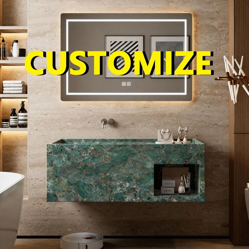 Any Size Custom Emerald Marble Thin Edge Wall Mounted Sink Heat Resistant Luxury Bathroom One Piece Art Vein Vanity Basin