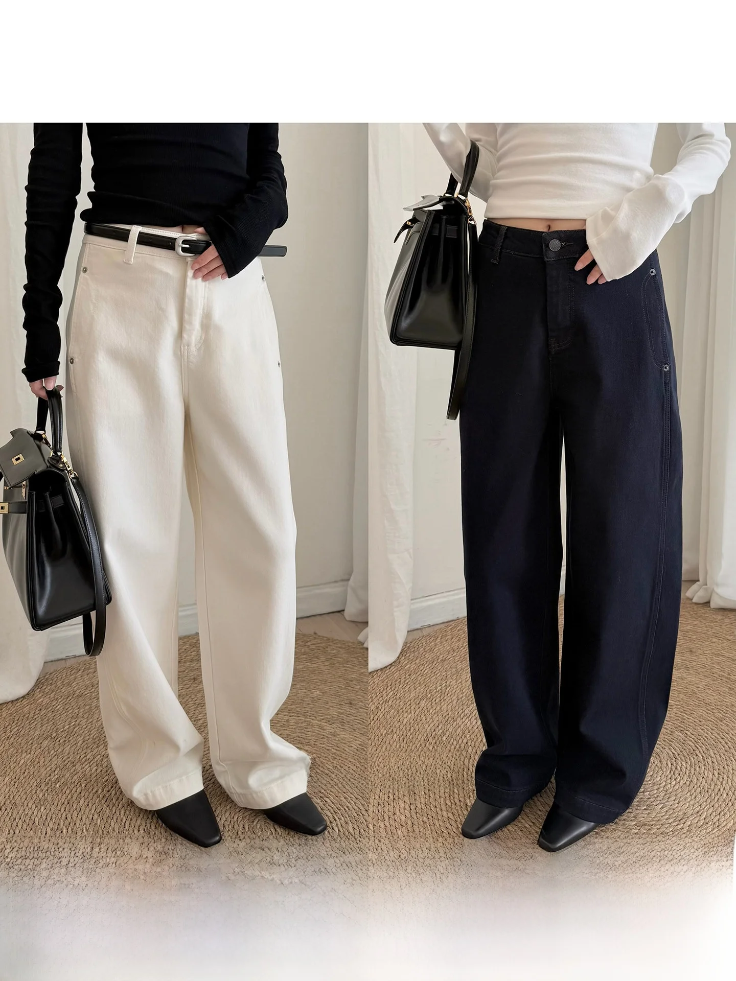 

Classic Straight Leg Fce Lined 3D Tailored Banana Pants Jeans Women's Casual Soft Cotton Warm Trousers Autumn Winter Wear