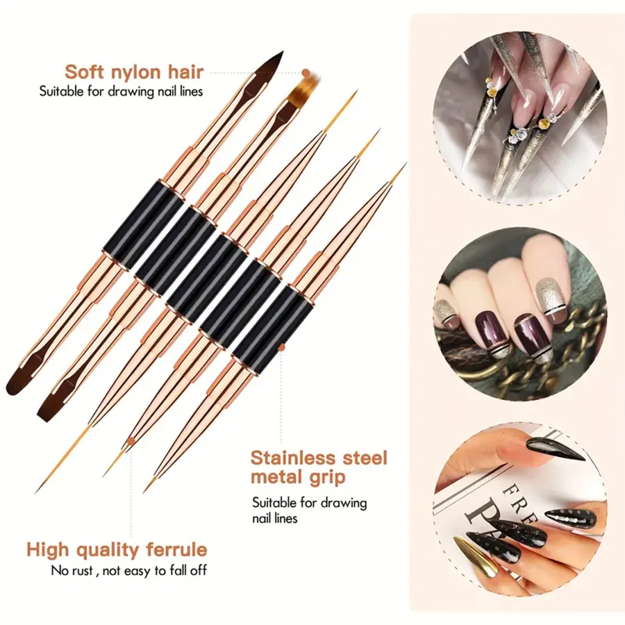 Nail Art Brush Set 5pcs Double-Ended Nail Art Brushes For Long Lines, Thin Liner Brush For Nails Detail Professional nail tools