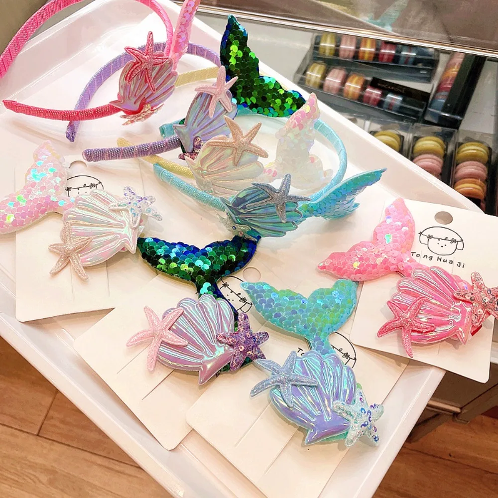 Cartoon Mermaid Children Headband Cute Thin Hair Hoop Starfish Shell Princess Laser Sequin Hairband Women Girl Hair Accessory view 5