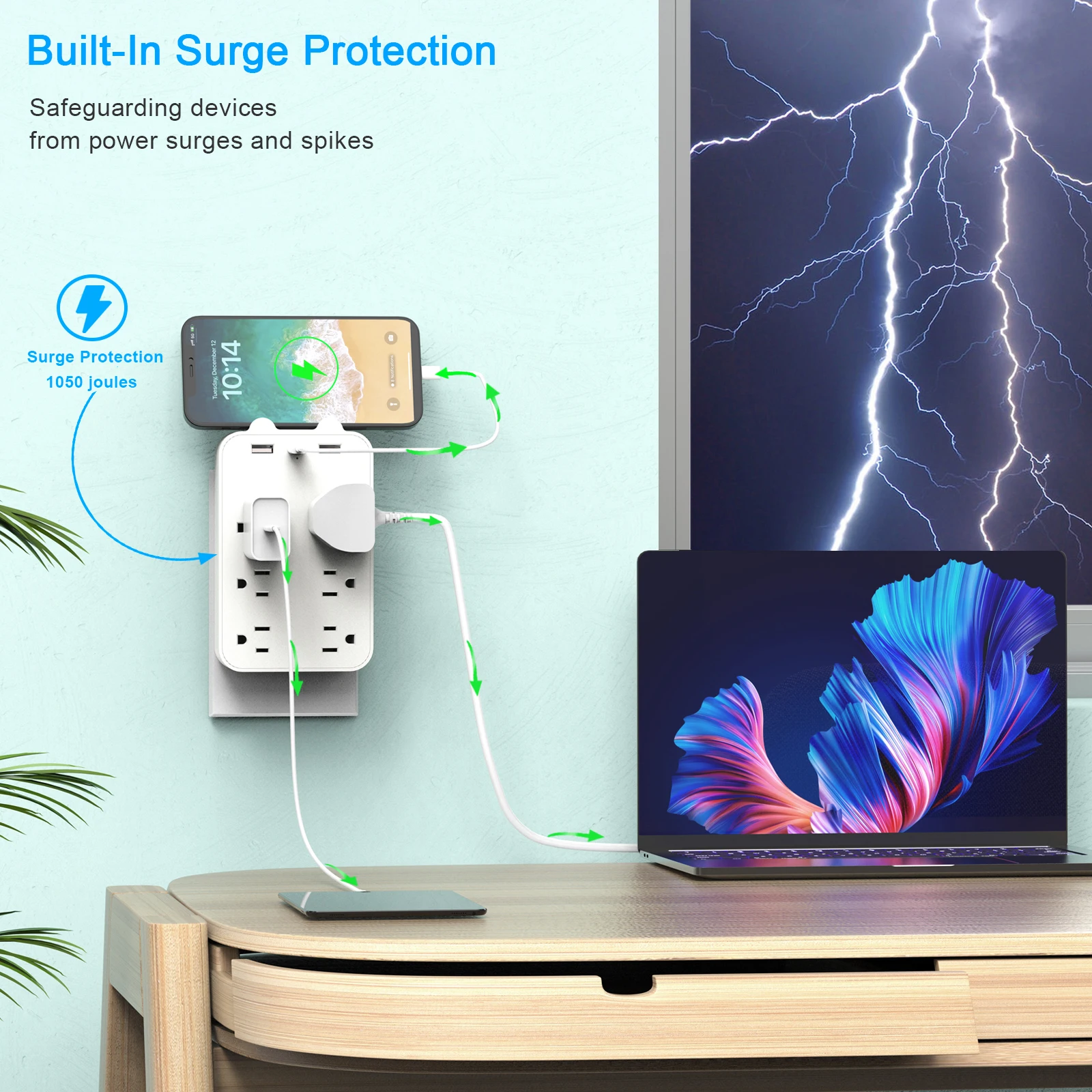 US Plug Multitap Wall Socket Electrical Power Strip with 6 AC Outlets 3 USB Ports(1 Type-C) Fast Charging Network Filter Adapter