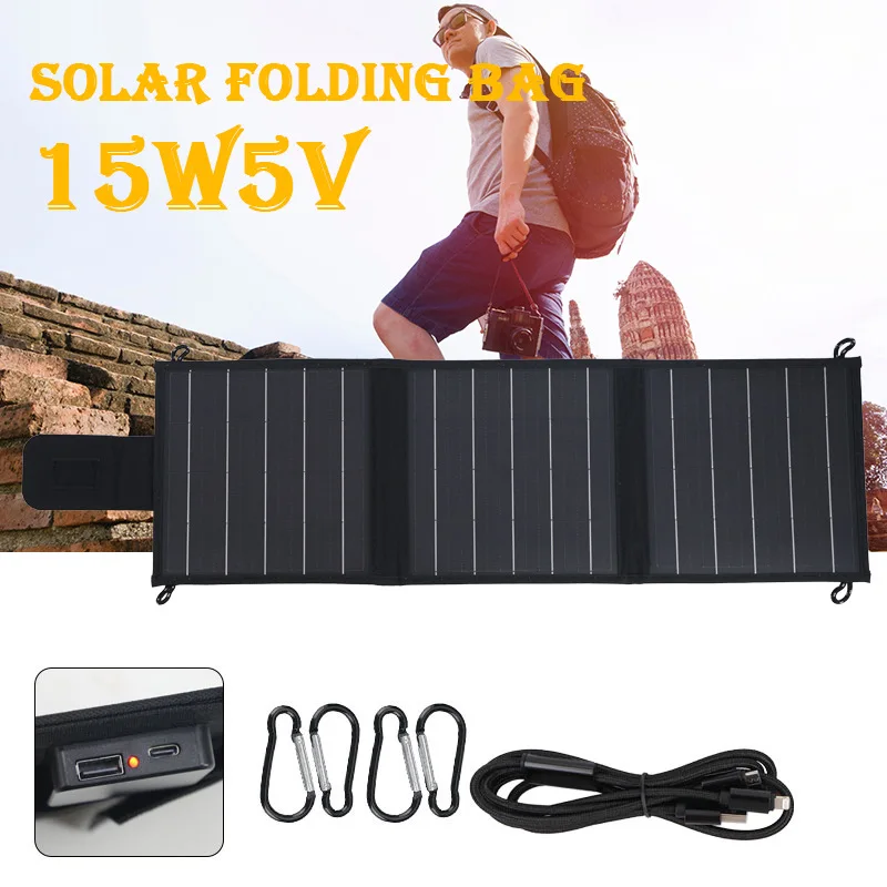 

Portable Solar Panel Foldable Solar Power Bank Charger Mobile Devices USB With Tyep-c Ports For outdoors Boat Caravan Camping