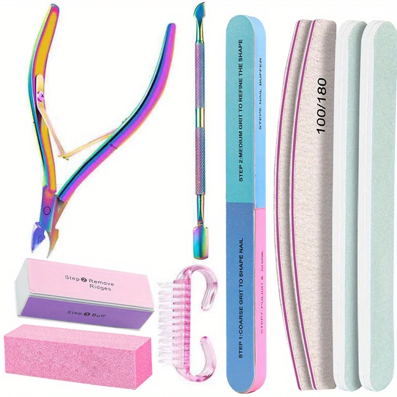 10 szt. Zestaw do manicure: pilniki profesjonalne 100/180 grit, blok polerujący z gąbki, pędzel, nożyczki do paznokci, zestaw z obcinaczem do skórek i popychaczami do skórek dla kobiet.