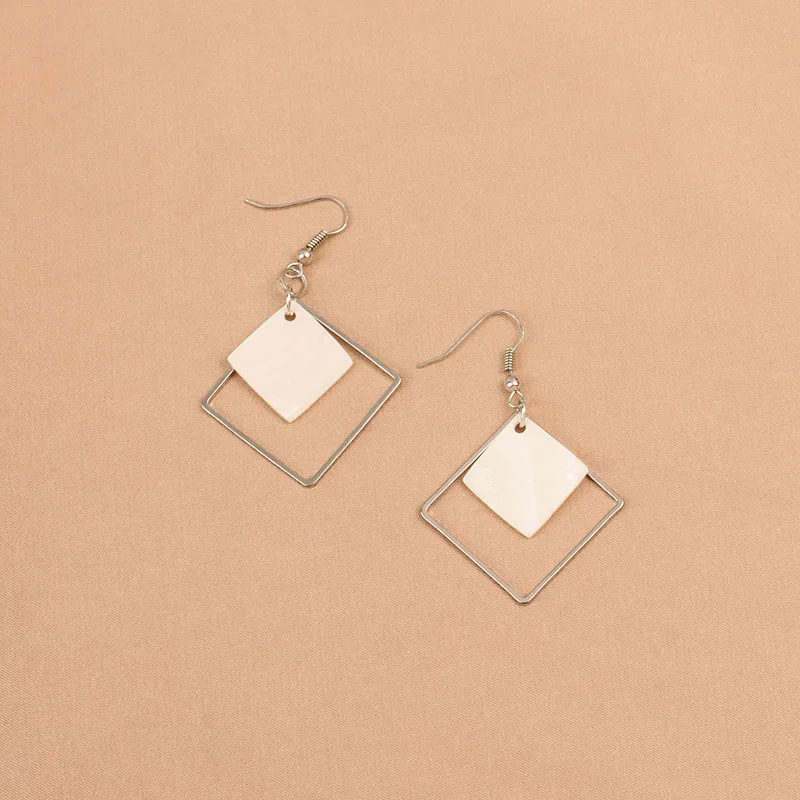 Hollow Rhombus Pendants Dangle Earrings for Women Silver Color Hook Earrings Bohemian Female Drop Earrings White Square Earrings