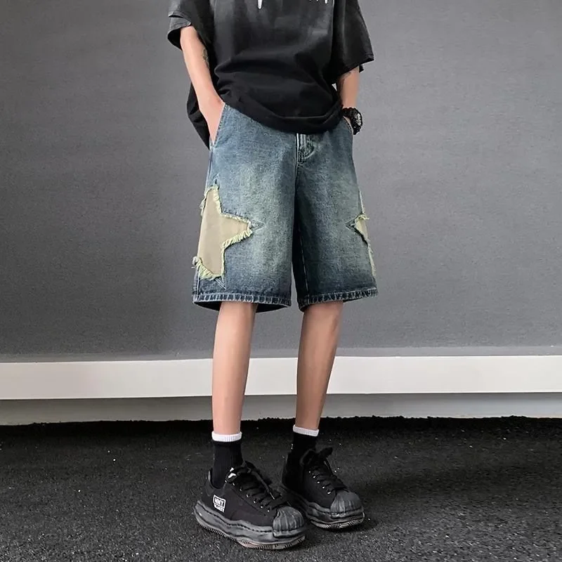 Picture 6: Fashionable Star Patch Designs Knee Pants Men's Clothing American Summer Vintage Distressed Loose Casual Straight Denim Pants