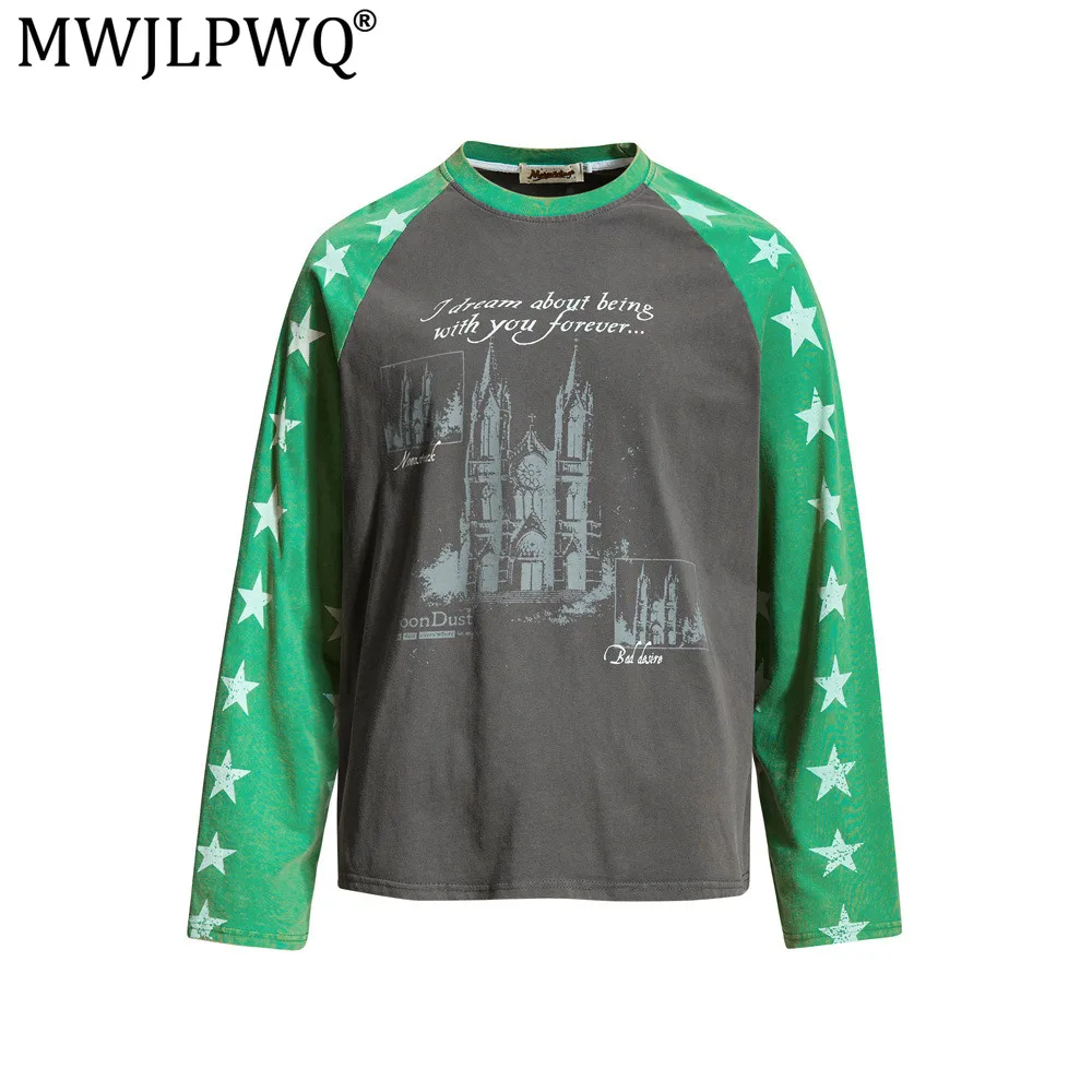 MWJLPWQ Color-Blocked Raglan Long-Sleeve T-Shirt Men Distressed Loose-Fit Casual Round-Neck Top Suitable For Spring Autumn 17660