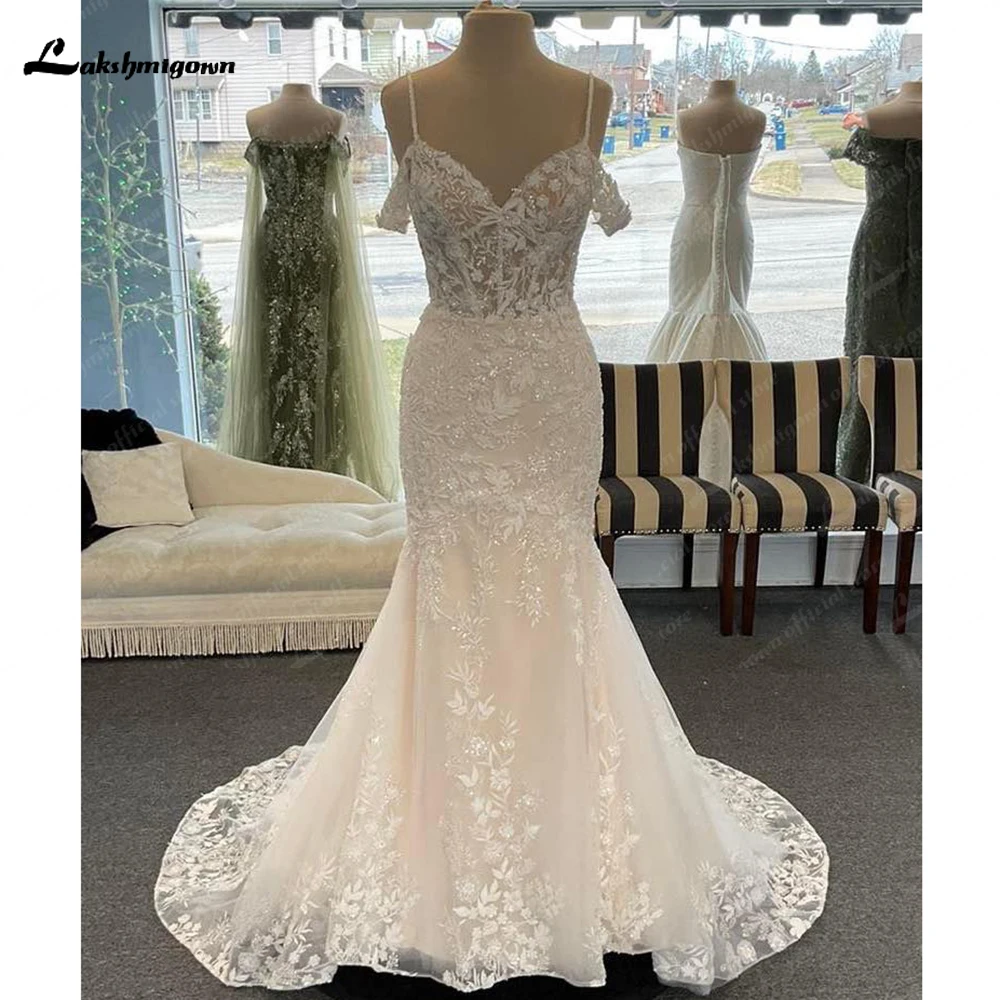 

Lakshmigown Off-the-Shoudler Applques Long Wedding Dress Straps Sweeping Mermaid Bride Dresses Romantic Trumpet Bridal Gown