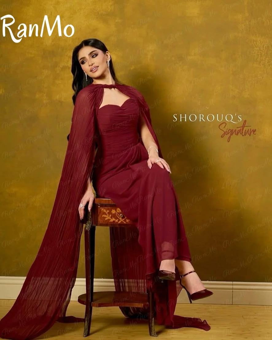 Ranmo 2025 Elegant Elegant Burgundy Chiffon Evening Party Dresses Long Cape Sleeves Sweetheart Saudi Arabia Prom Gown Customized