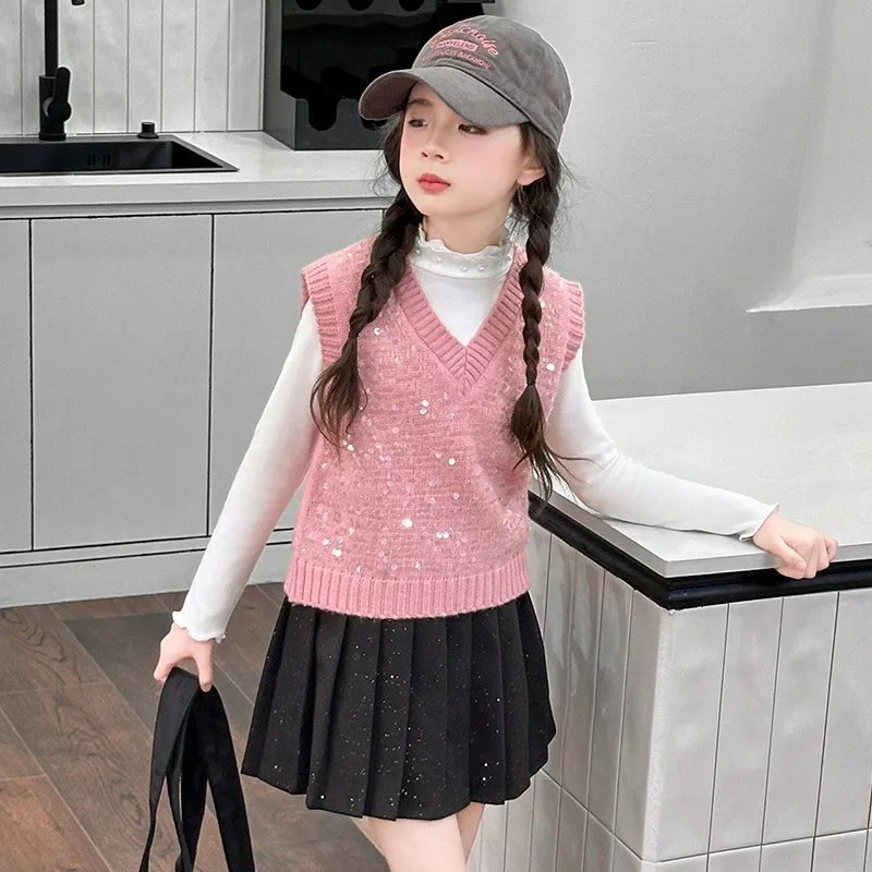 

Girls Autumn Skirt New Korean Nail Bead Half High Neck Long Sleeve Bottom Shirt Silver Sequin Vest and Pleated Skirt