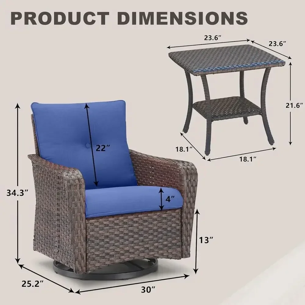 3-Piece Wicker Outdoor Swivel Rocker Set with Table, Deep Seating for Patio, Porch, or Garden (Brown/Blue)