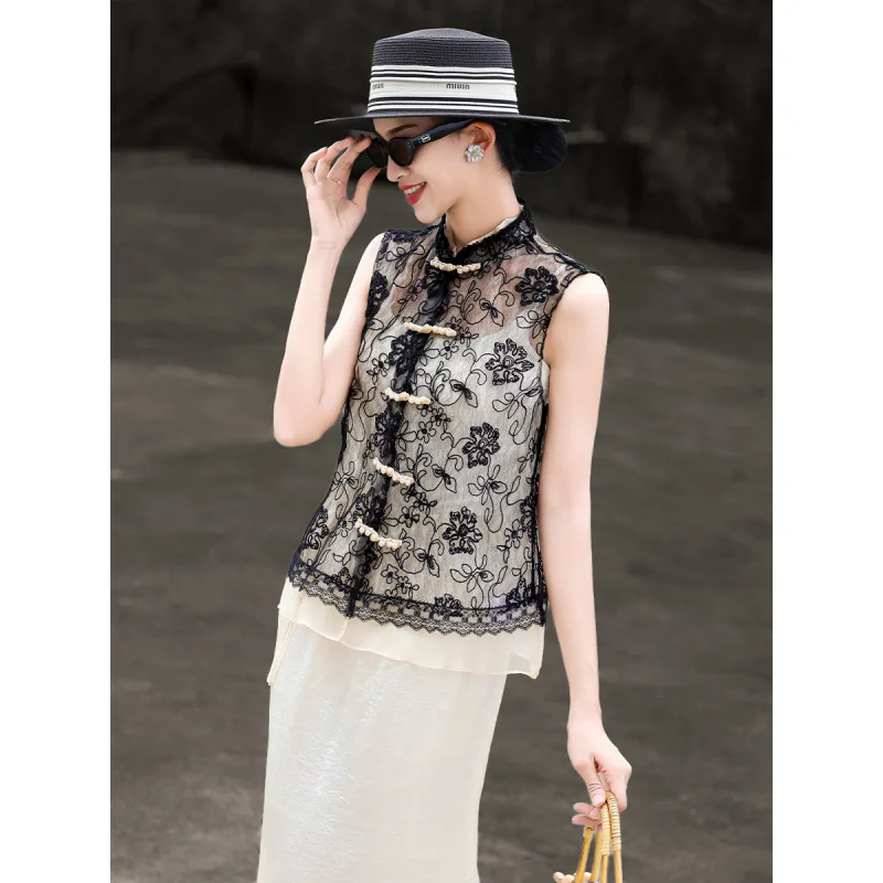

MEXCOCO 2026 New Summer New Chinese Stand Collar Frog Buttons Floral Lace Sleeveless Patchwork Layered Vest Blouse Top