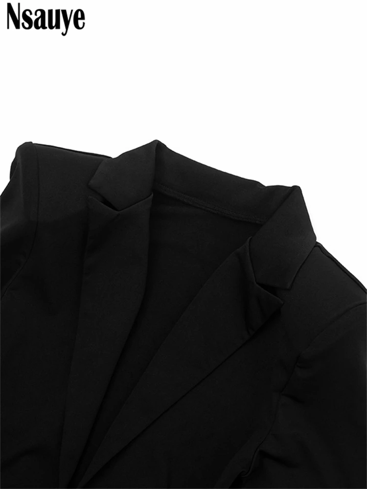 Nsauye New Fashion Evening Party Breve Elegante Blazer da donna Abito a maniche lunghe Sexy Night Club Mini abito avvolgente increspato in raso 2025