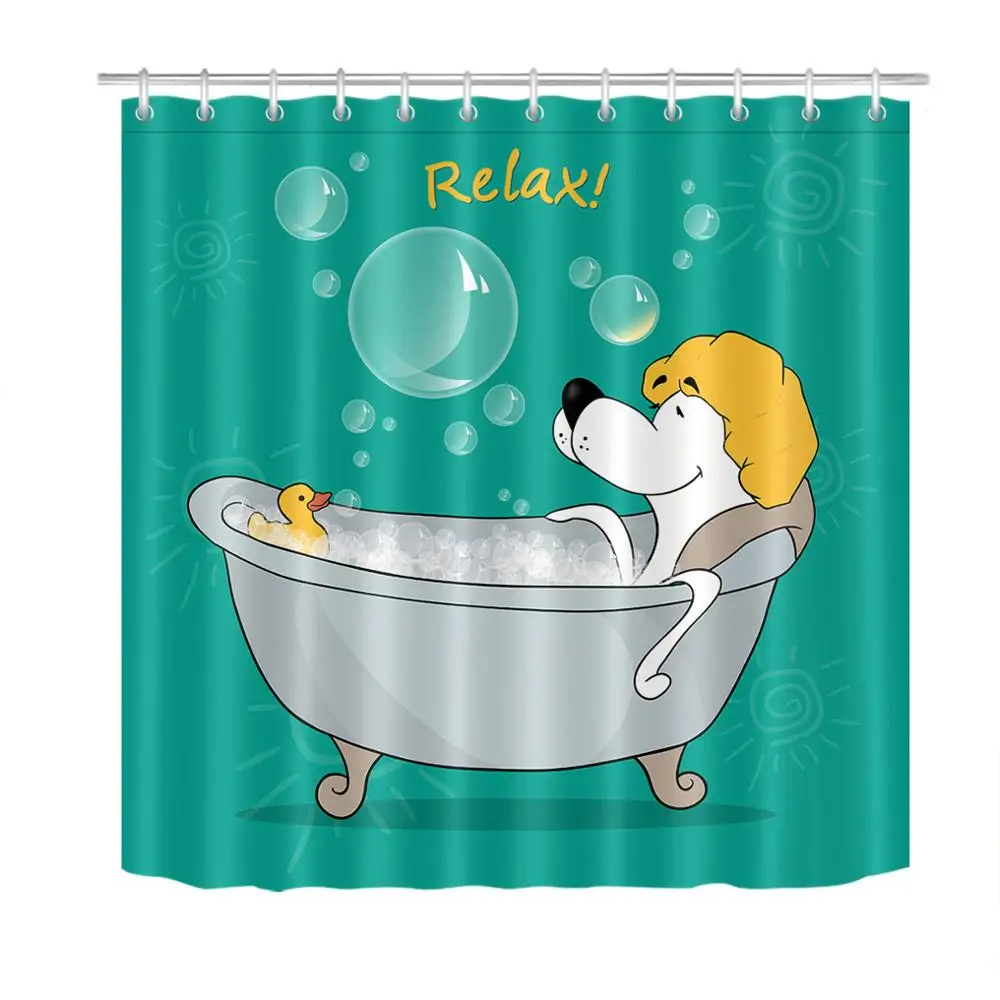 Funny Dog Yoga Elastic Shower Curtain   Extra Long Waterproof Polyester Fabric Bathtub Decoration Free Hook