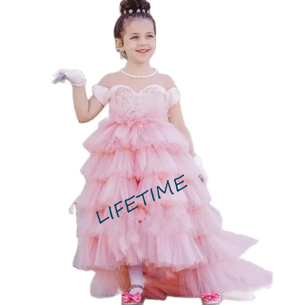 Poinrobe rose en dentelle avec nœud gonflé pour petite fille, tenue de princesse pour spectacle de mariage, vêtements pour enfants, cadeau de première communion et d'anniversaire