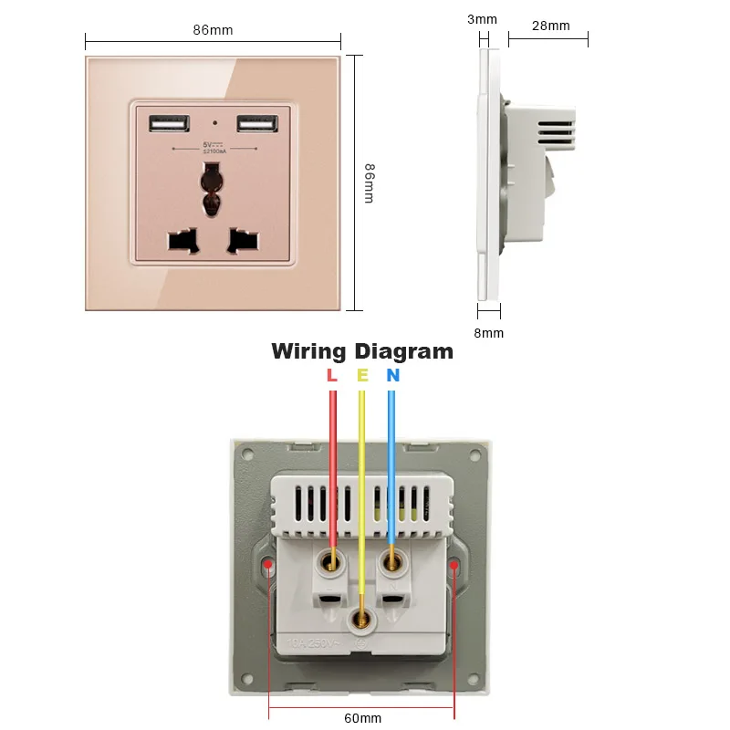 JHJCH แผงคริสตัลคริสตัล146*86มม.3-Hole Universal Socket และนีออน + ชาร์จ USB พอร์ตเอาต์พุต5 V 2.1A