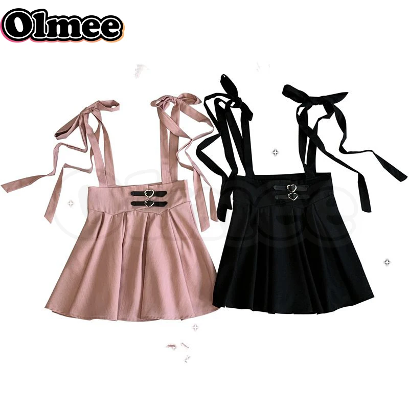 [Olmee] In Stock Heart Belt Overall Skirt Dress Lolita Japanese Jirai Kei Mine Style y2k Kawaii Girly Belt Pinafore Casual Pink