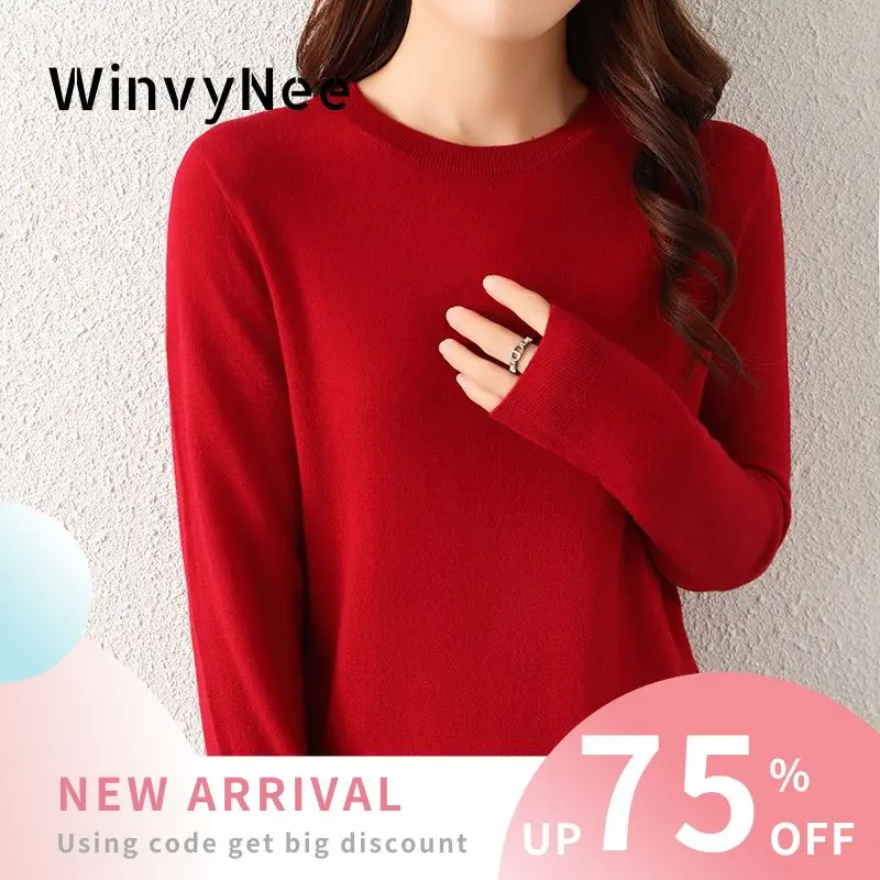 

Женский пуловер WinvyNee из камвольной шерсти с круглым вырезом, однотонный, с длинными рукавами, весна-осень, приятный к телу, базовый, комфортный, для отдыха, A1757015