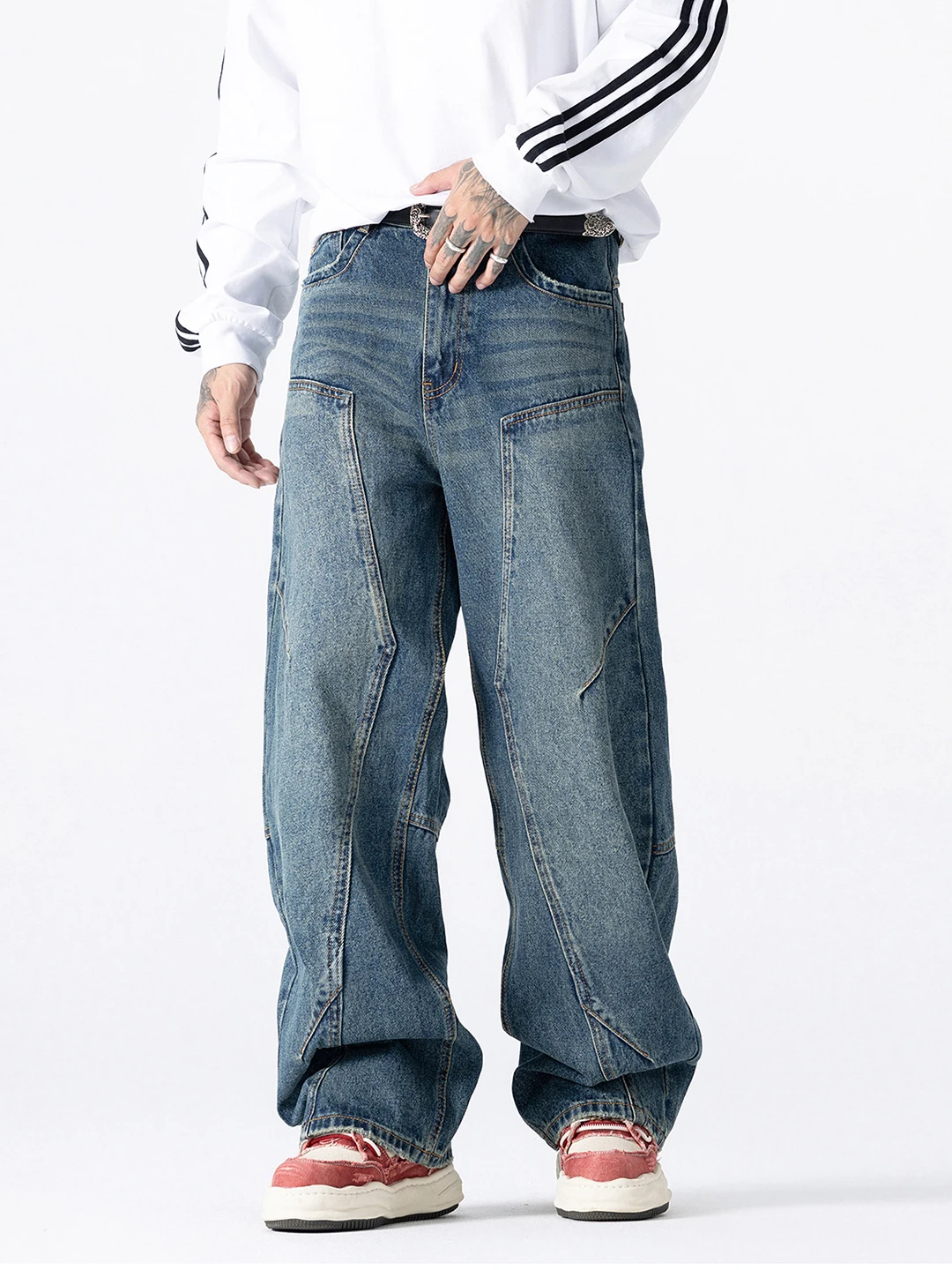 

Мужские джинсы премиум-класса с эффектом потертости, весна-осень, свободные широкие брюки в уличном стиле, повседневные длинные штаны, ретро-дизайн с пэчворком и декоративными элементами