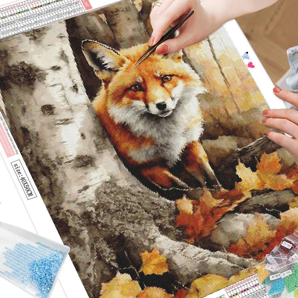 HUACAN Diamond Painting Animal Fox Wolf AB Drill Mosaic Autumn Landscape 5D DIY Home Decorative Gift