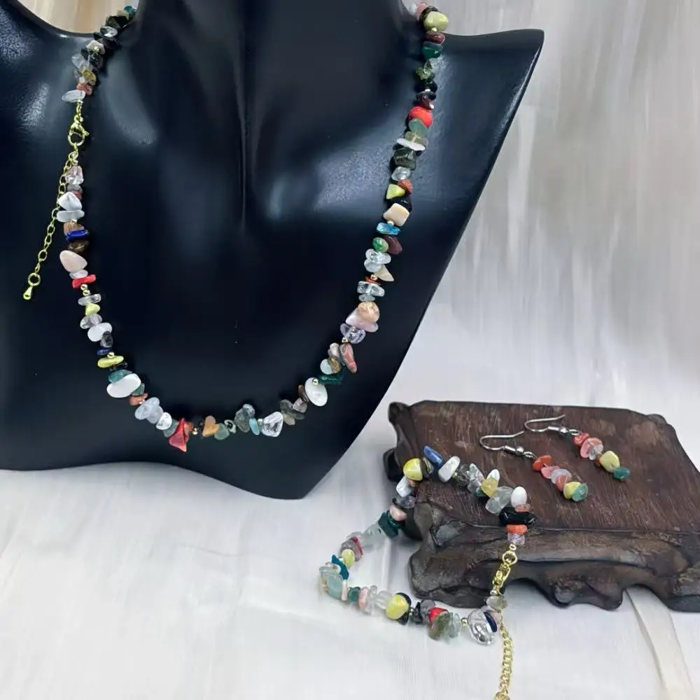 Multicolor Mixed Random Natural Gemstone Lobster Clasp Bracelet Necklace Wedding Fashion Jewelry Set 17