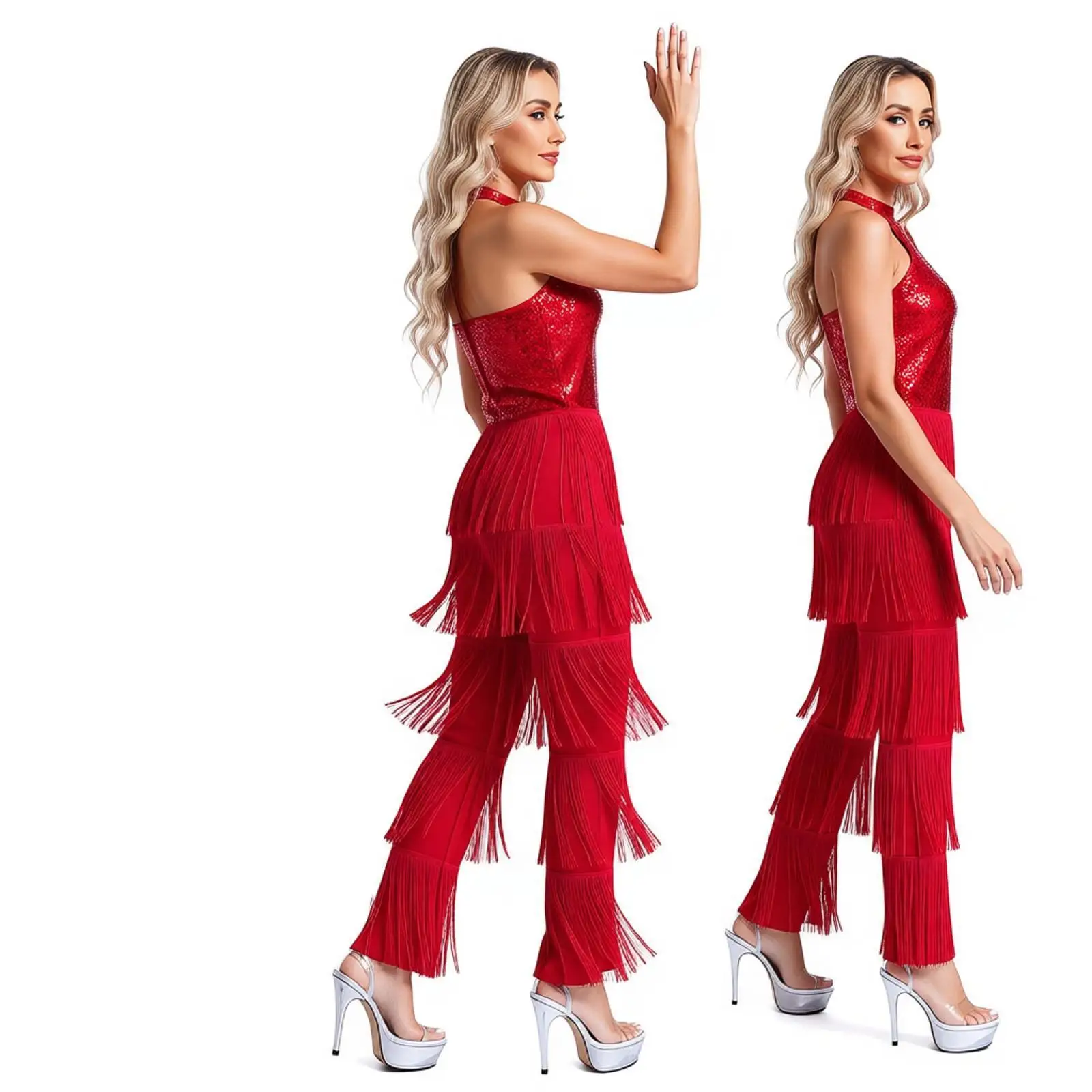 

Halloween Hippie Costume womne Vintage 70s Disco Stage Performance Dancing Jumpsuit Singer Sequins Tassel Tango Cha-cha Costumes