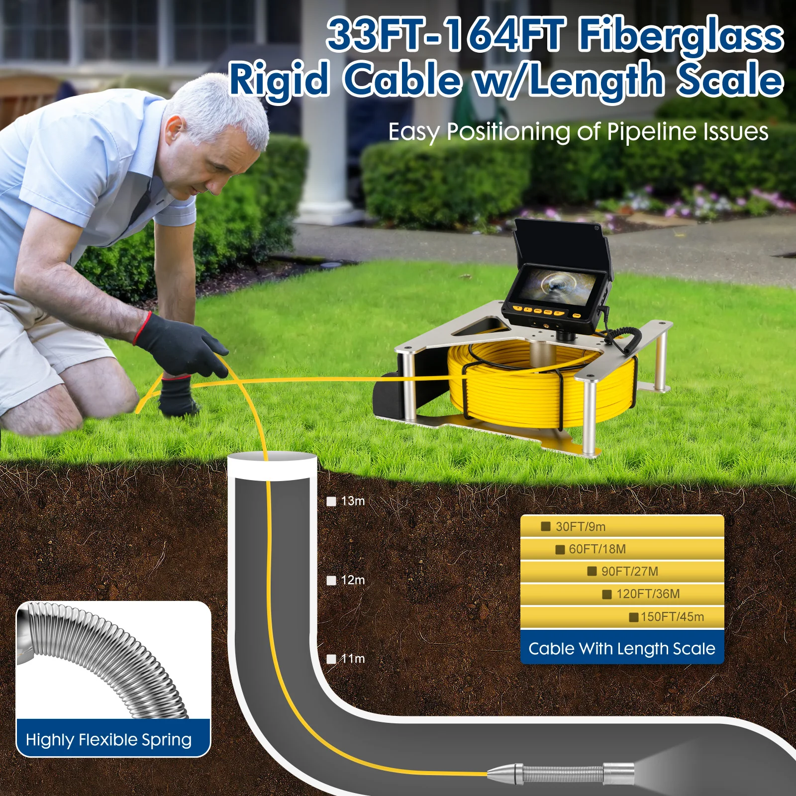 كاميرا فحص أنابيب الصرف الصحي DVR 16GB تسجيل الفيديو، SYANSPAN استنزاف المنظار الصناعي مقاوم للماء بطارية 8500MHA 20/30/50M