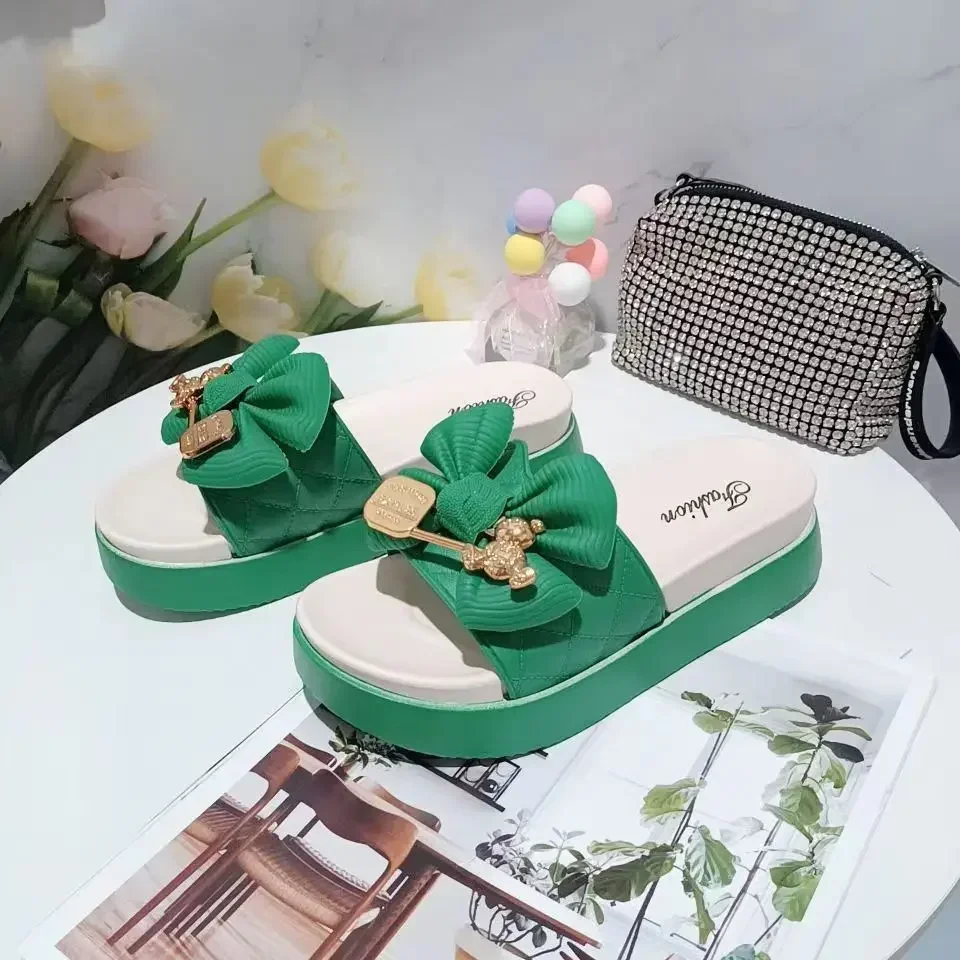 New Fashion Bowknot Women\'s Slippers Summer Women Slippers Indoor Outdoor Green Flip Flops Beach Shoe Home Non-slip EVA Slippers