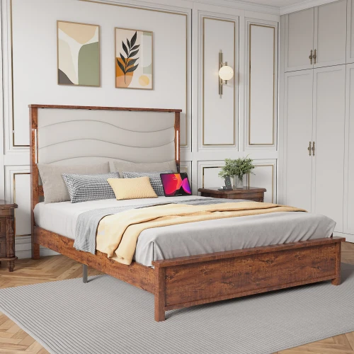 

Queen Size Bed Frame with Upholstered Headboard, Queen Bed Frame with Charging Station and LED Lights, Wood Slats, Beige Linen