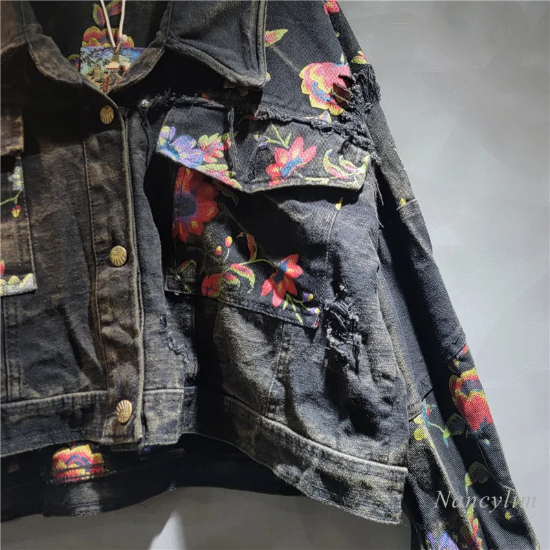 Personalized European Style Broken Flower Print Denim Jacket Women's 2024 Autumn New Loose Washed Old Short Jacket Coat Street