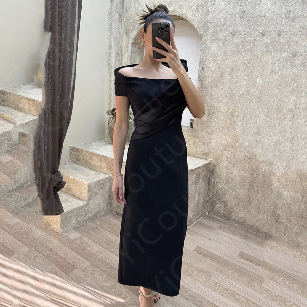 Modern Black Evening Dresses 2024 Off Shoulder Prom Gowns Mid Calf Length Wedding Party Dresses Short Back Slit Simple On Sale